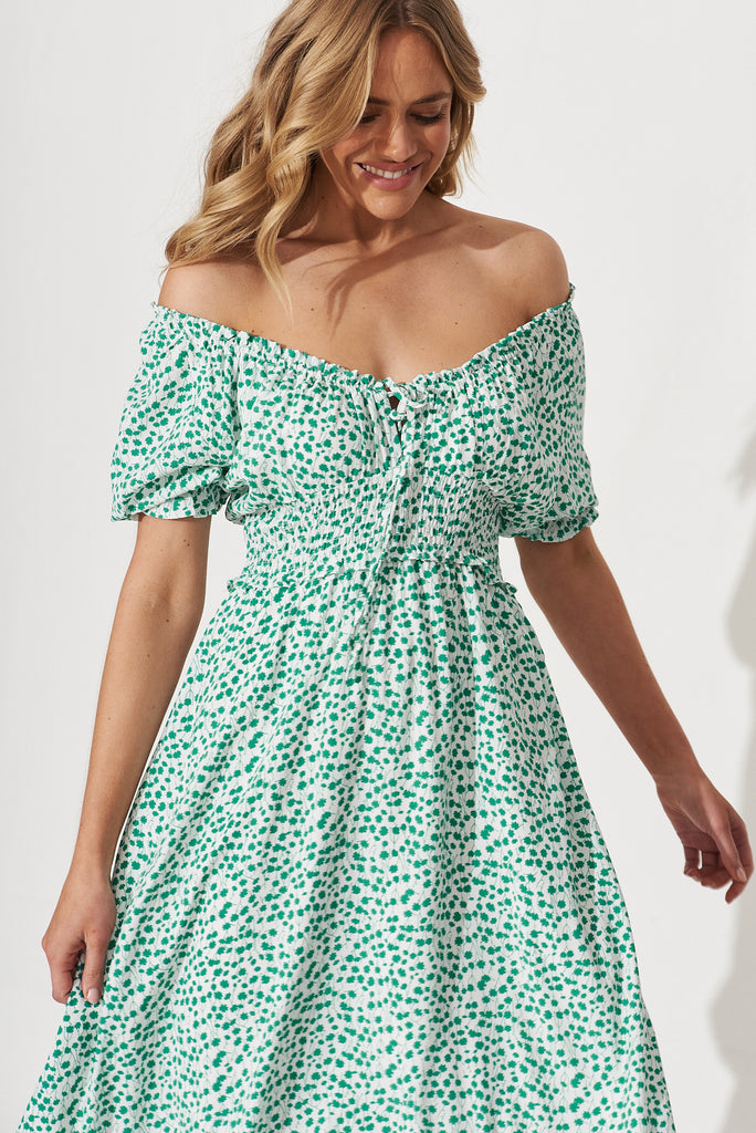 Lucille Midi Dress In White With Green Ditsy Floral - detail