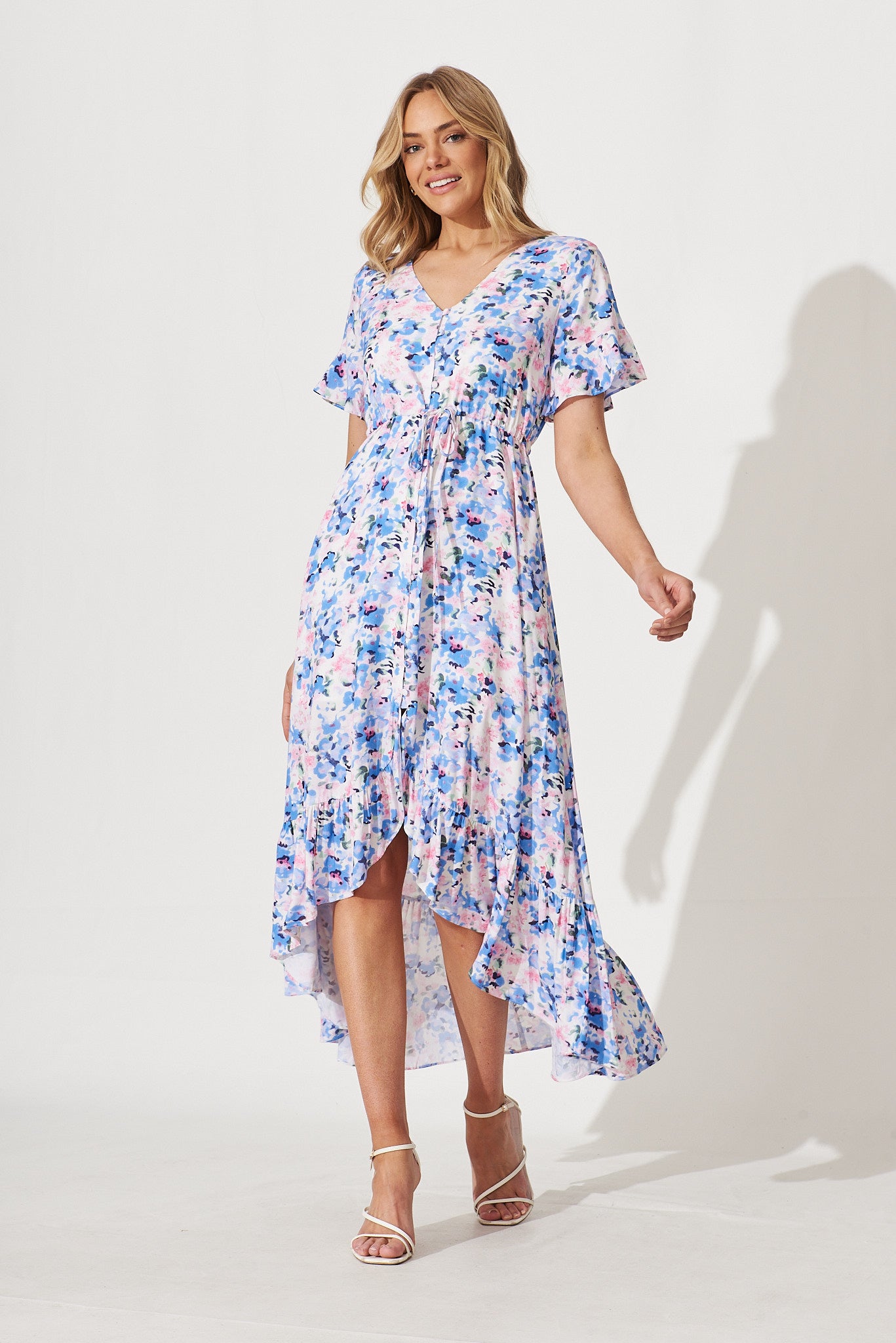 Cara Maxi Dress In White With Blue Watercolour Floral Print - full length