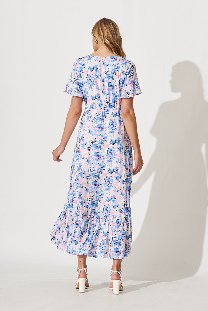 Cara Maxi Dress In White With Blue Watercolour Floral Print - back