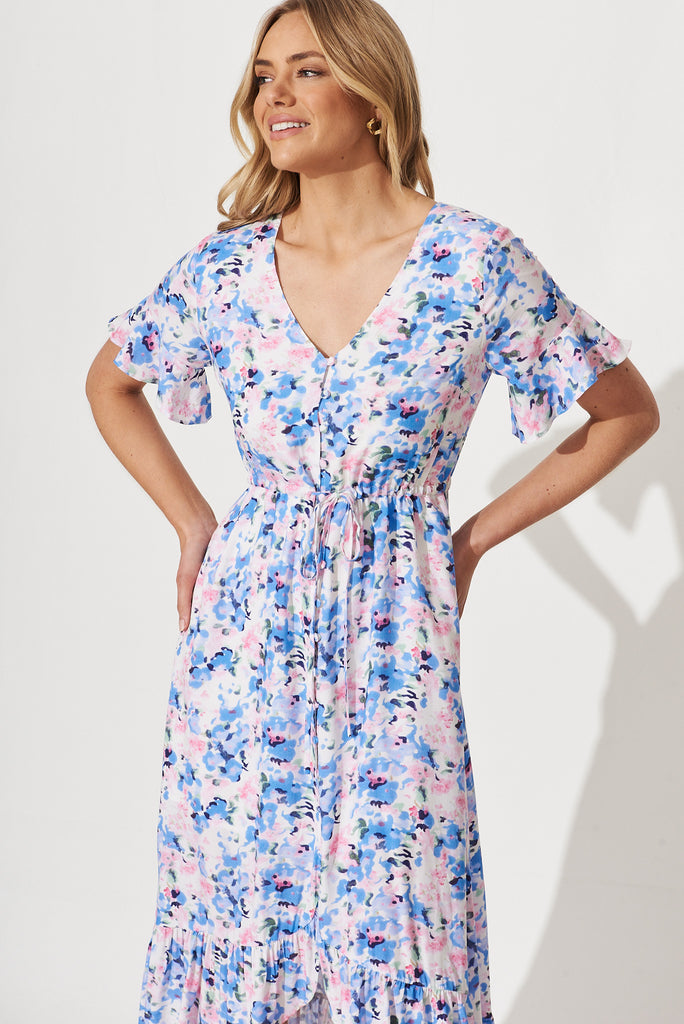 Cara Maxi Dress In White With Blue Watercolour Floral Print - front