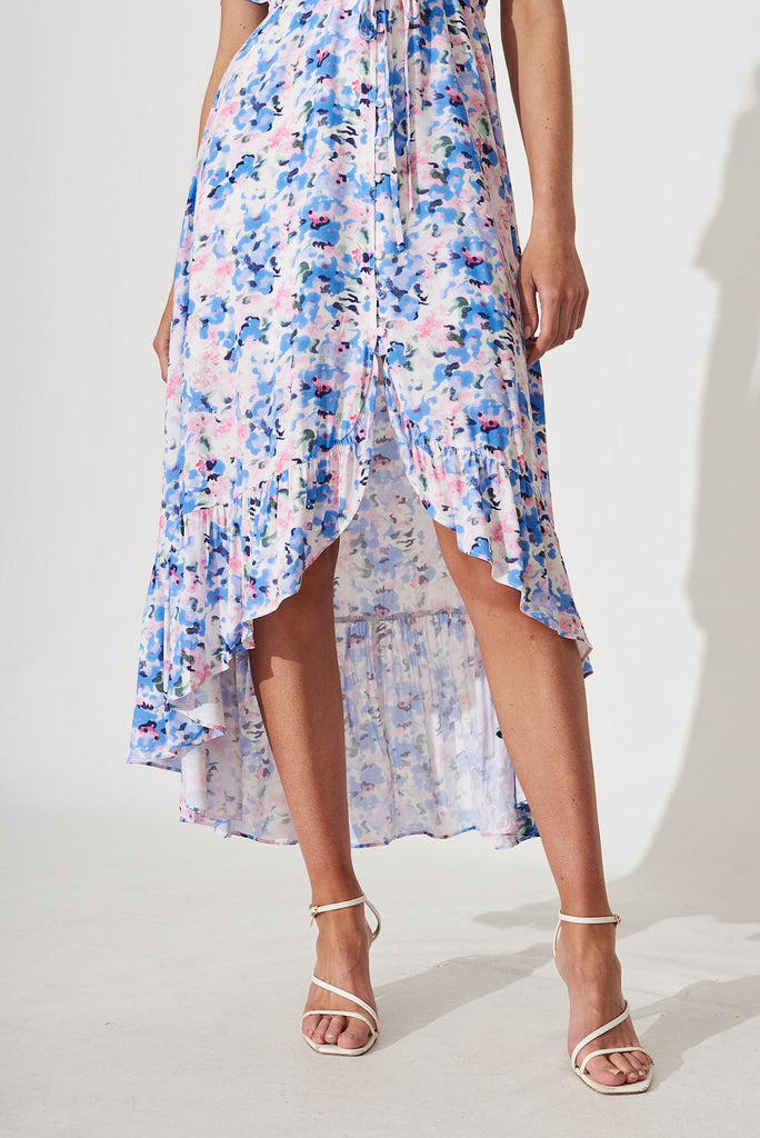 Cara Maxi Dress In White With Blue Watercolour Floral Print - detail