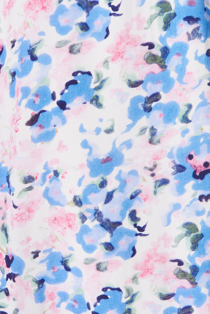 Cara Maxi Dress In White With Blue Watercolour Floral Print - fabric