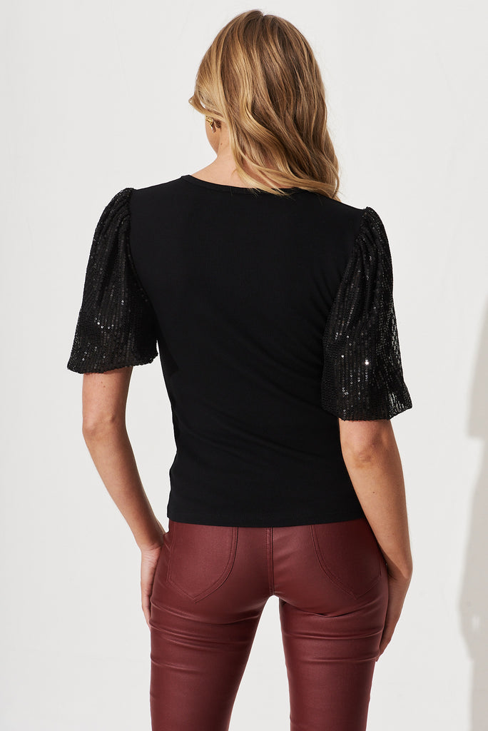 Nelda Top In Black Cotton Blend With Sequin Sleeves - back