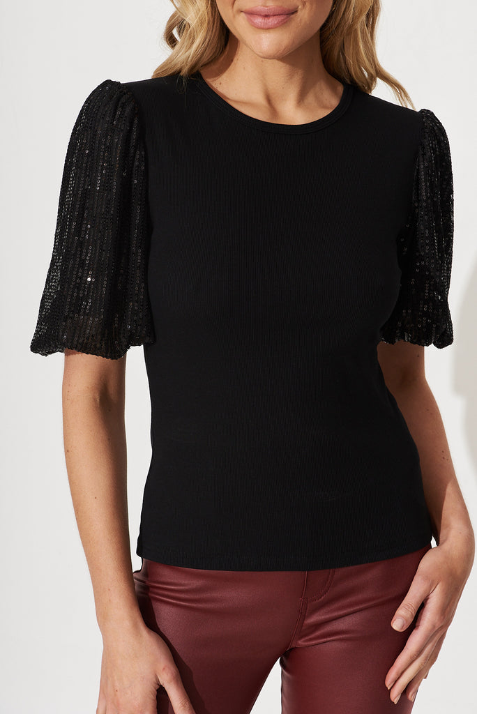 Nelda Top In Black Cotton Blend With Sequin Sleeves - detail
