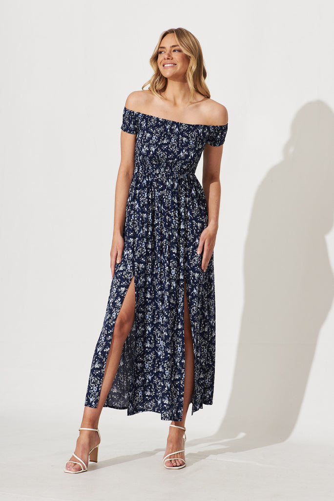 Under The Sun Maxi Dress In Navy With White Floral - full length