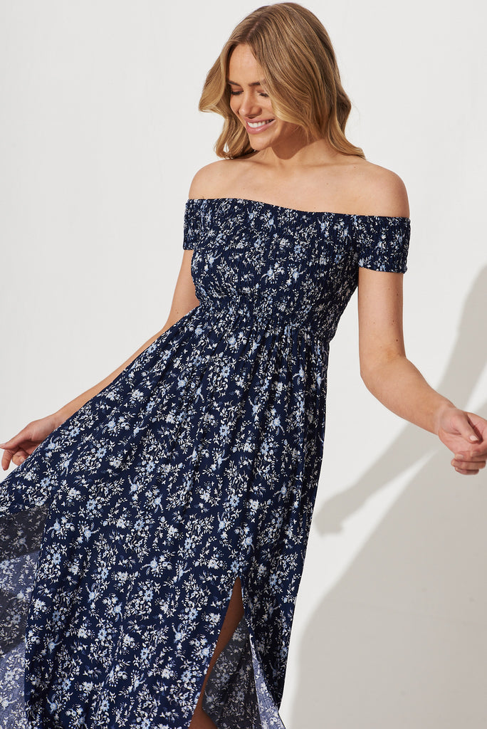 Under The Sun Maxi Dress In Navy With White Floral - front