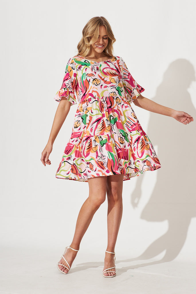 Kendra Smock Dress In Pink With Multi Abstract Floral - full length