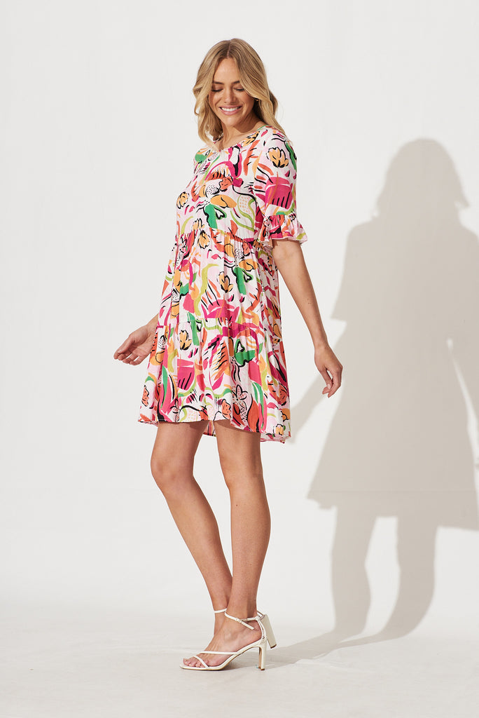 Kendra Smock Dress In Pink With Multi Abstract Floral - side