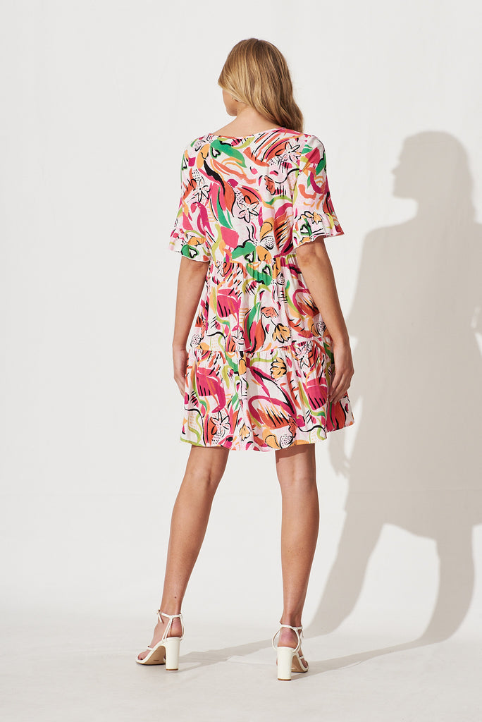 Kendra Smock Dress In Pink With Multi Abstract Floral - back