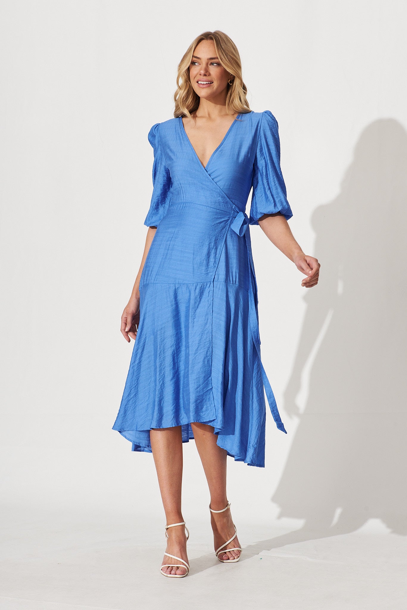 Acacia Wrap Midi Dress In Blue - full length