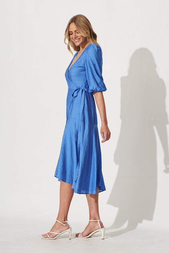 Acacia Wrap Midi Dress In Blue - side