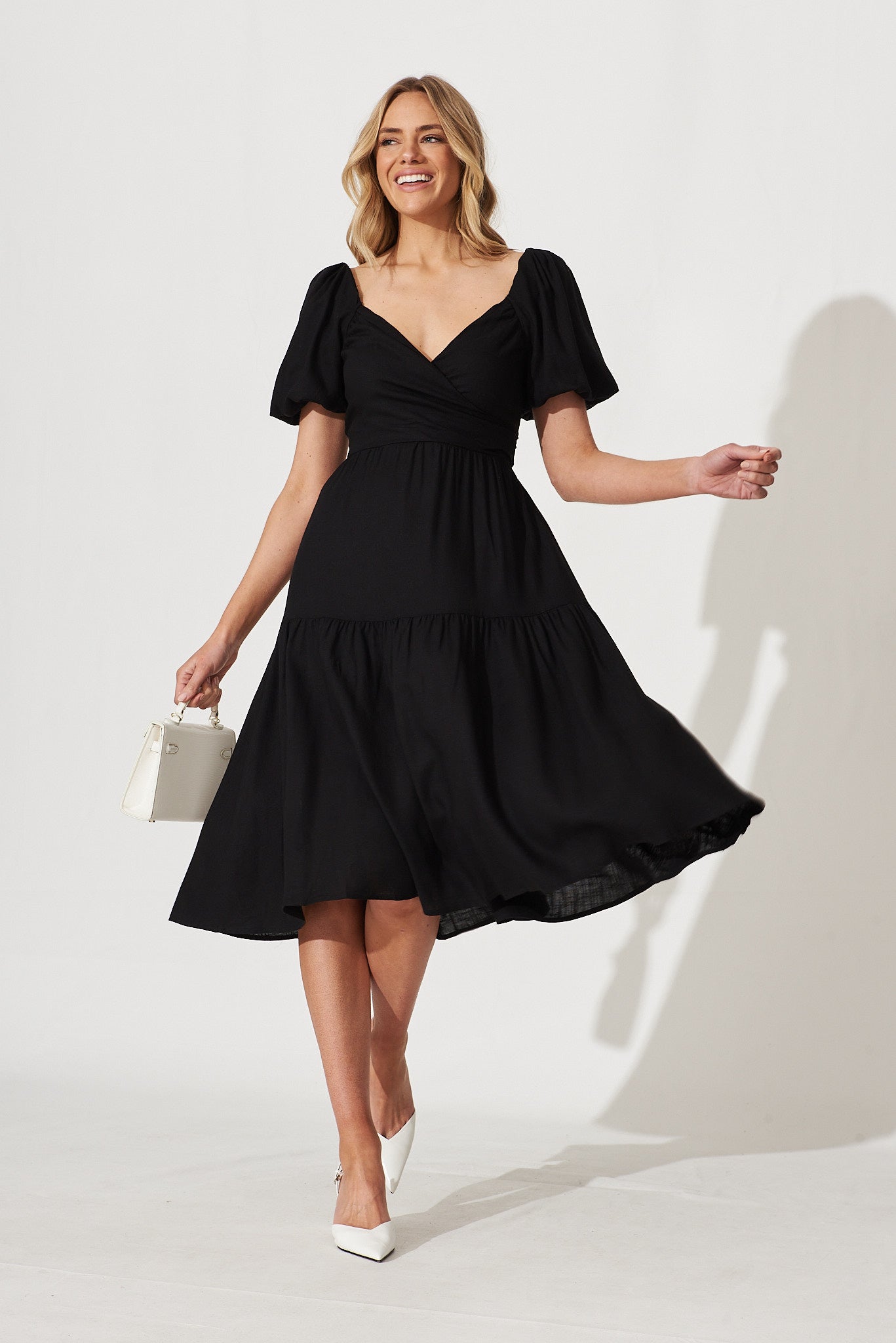 Anastasia Midi Dress In Black Cotton Linen Blend - full length