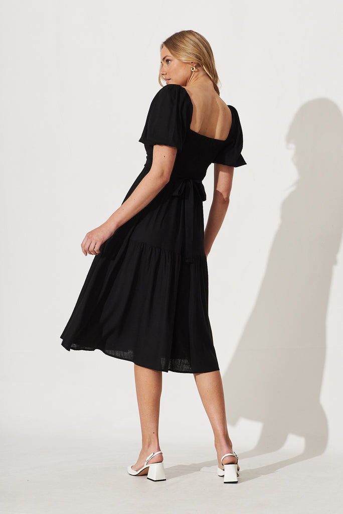 Anastasia Midi Dress In Black Cotton Linen Blend - back