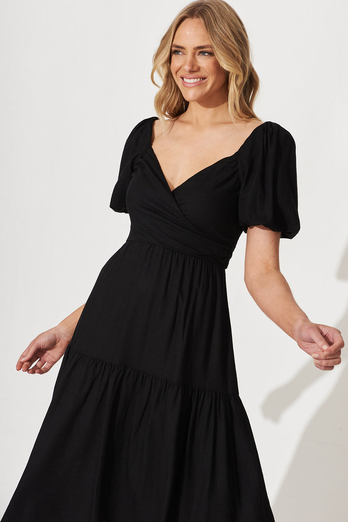 Anastasia Midi Dress In Black Cotton Linen Blend - front