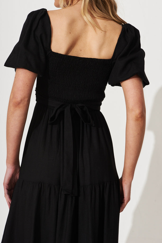 Anastasia Midi Dress In Black Cotton Linen Blend - detail