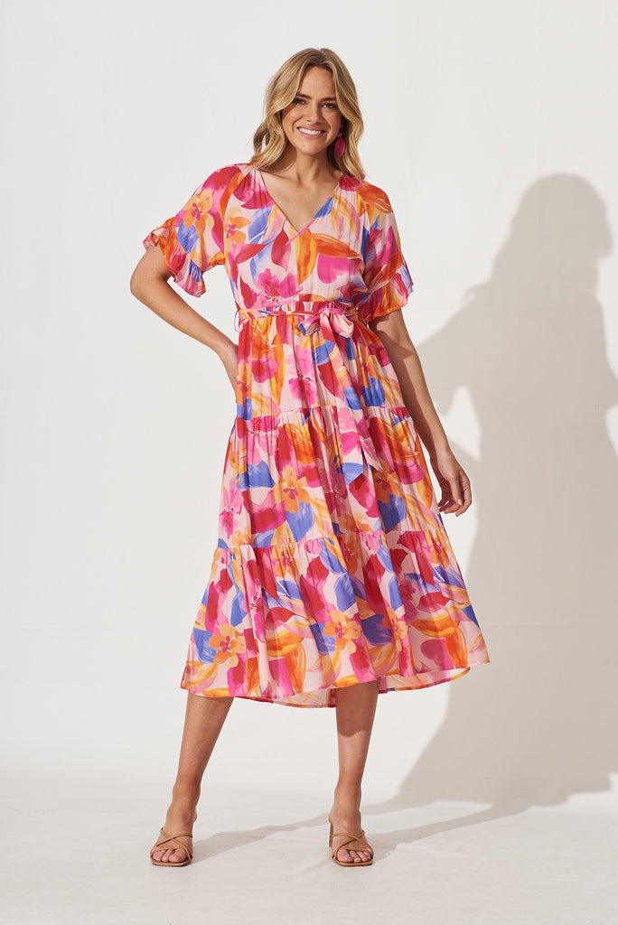 Orla Midi Dress In Bright Pink With Blue Floral - full length