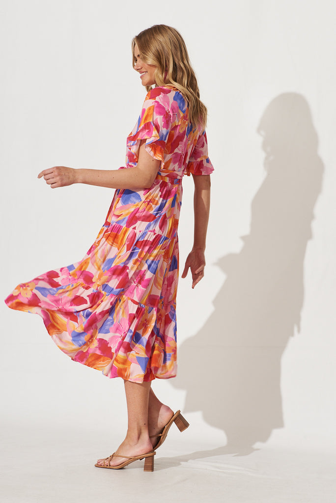 Orla Midi Dress In Bright Pink With Blue Floral - side