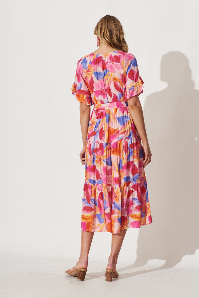 Orla Midi Dress In Bright Pink With Blue Floral - back