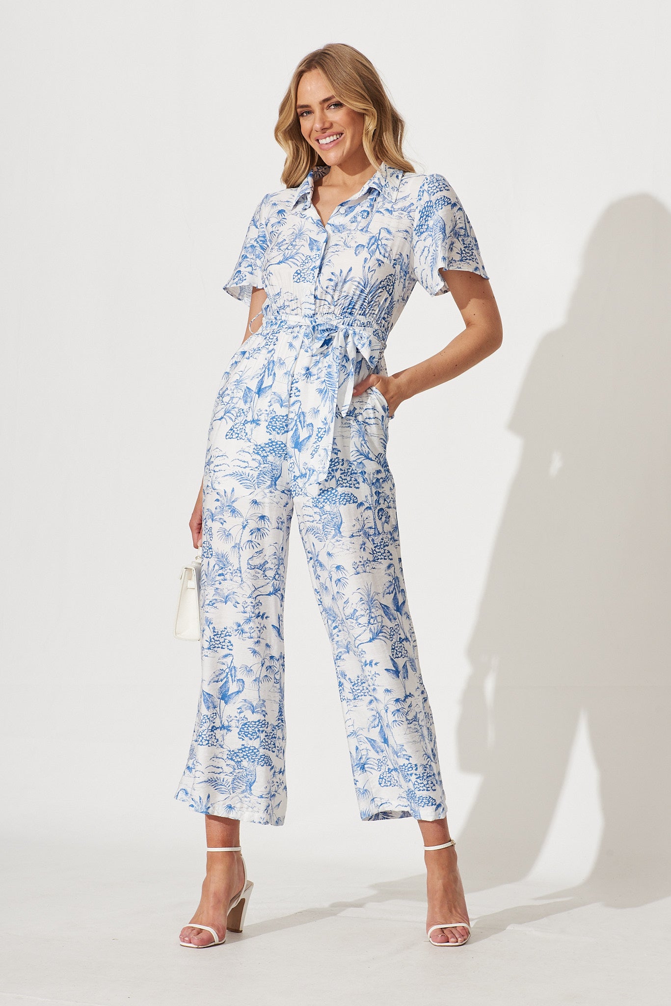 Niri Jumpsuit In White With Blue Print Linen Cotton Blend - full length