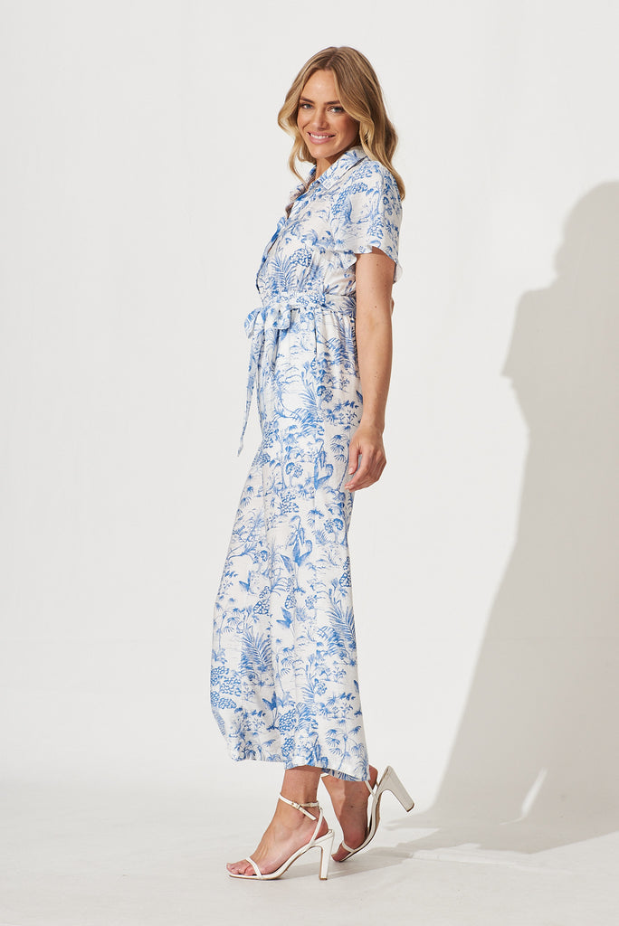 Niri Jumpsuit In White With Blue Print Linen Cotton Blend - side