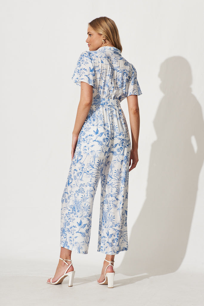 Niri Jumpsuit In White With Blue Print Linen Cotton Blend - back