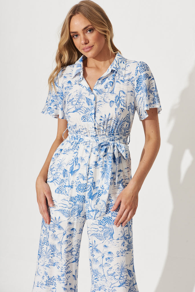 Niri Jumpsuit In White With Blue Print Linen Cotton Blend - front