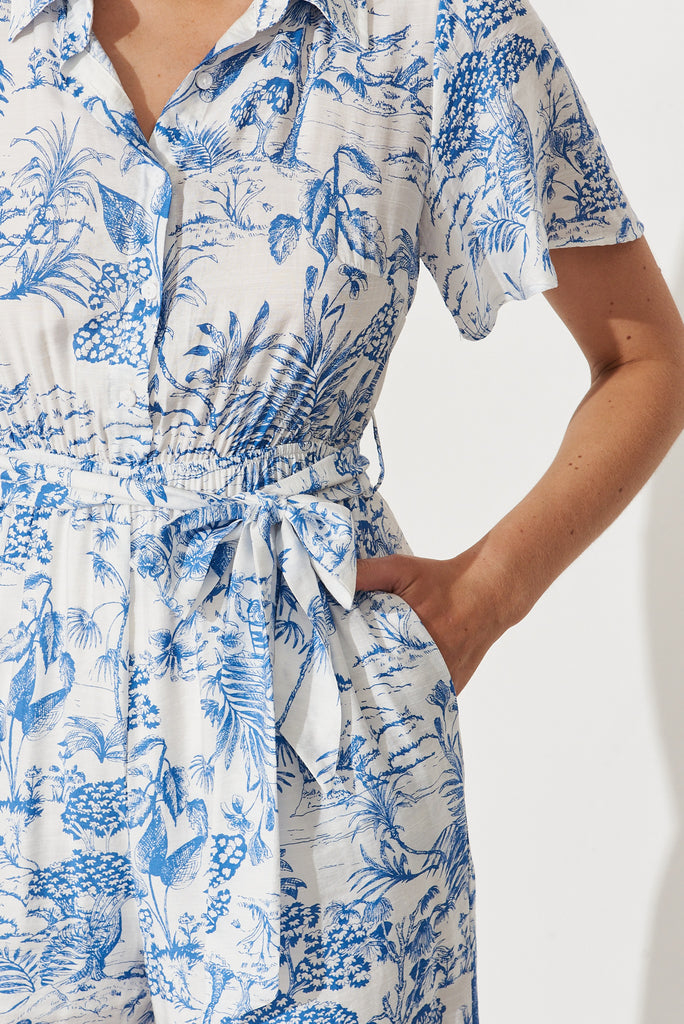 Niri Jumpsuit In White With Blue Print Linen Cotton Blend - detail