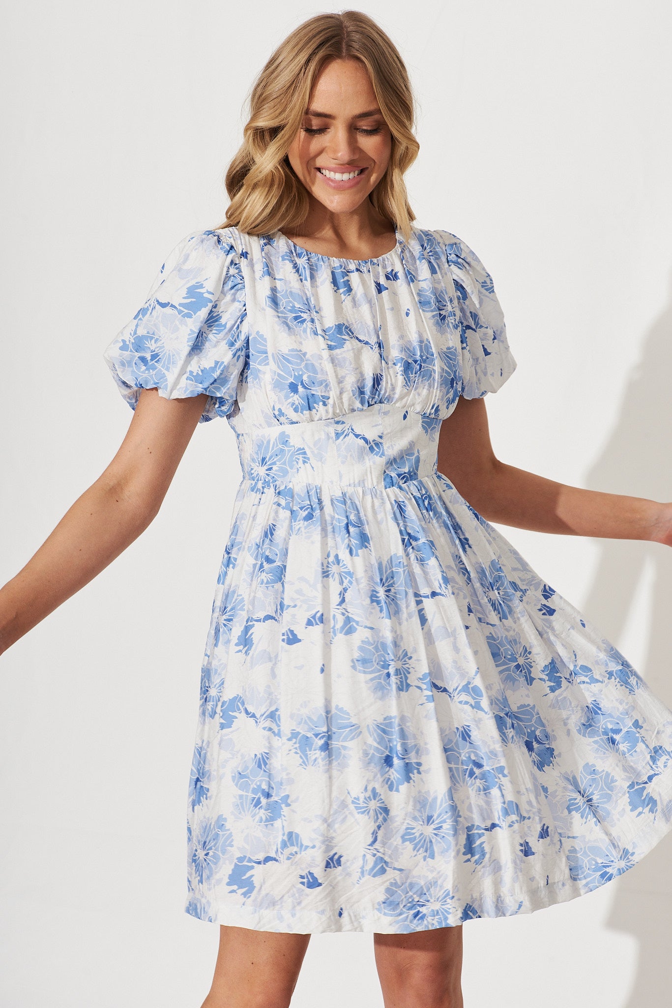 Audrey Dress In White With Blue Floral Cotton Blend - front