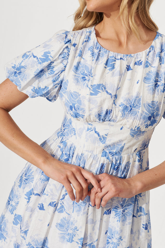 Audrey Dress In White With Blue Floral Cotton Blend - detail