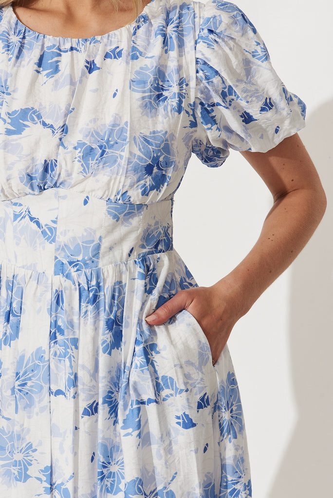 Audrey Dress In White With Blue Floral Cotton Blend - detail