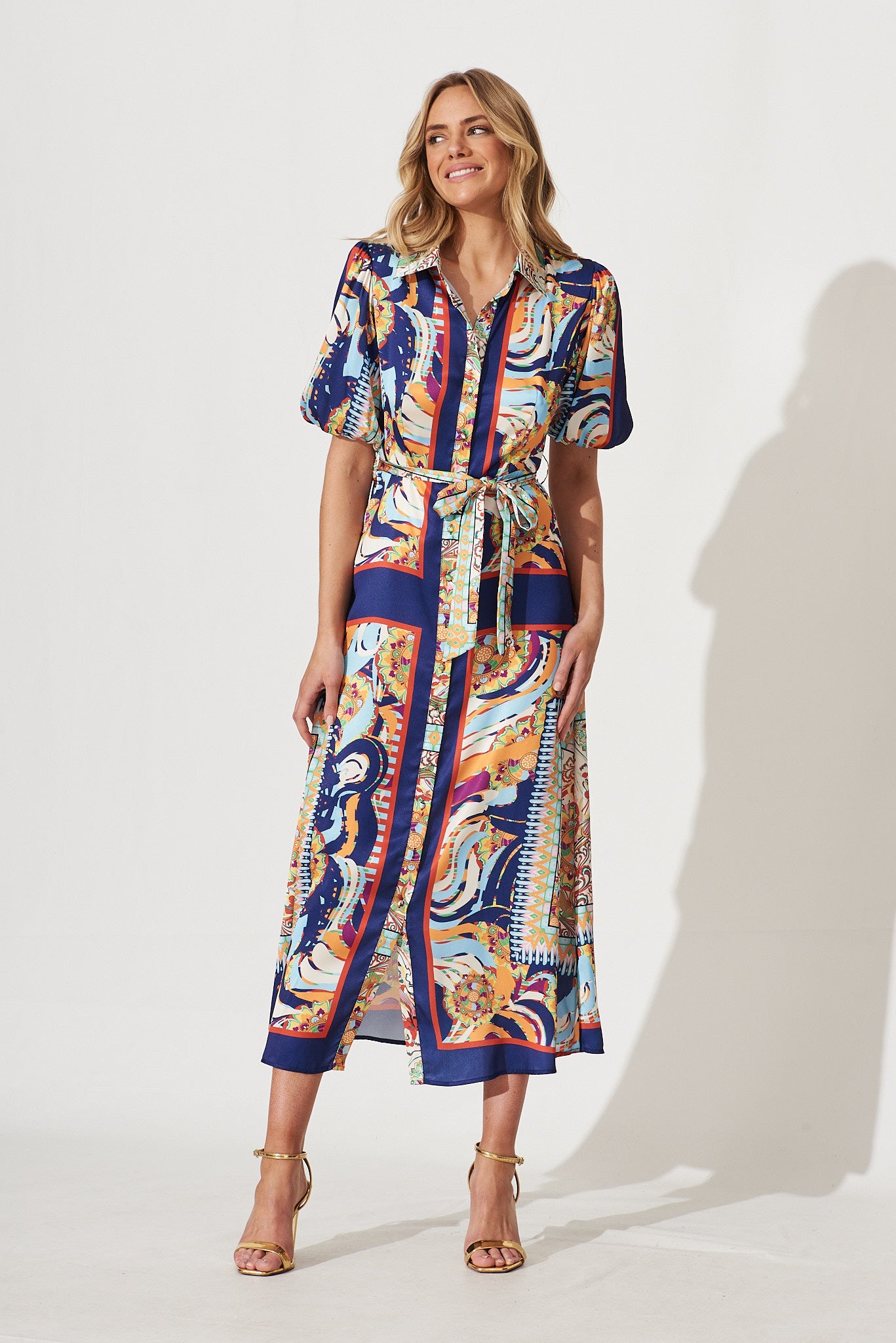 Gabriela Maxi Shirt Dress In Navy Multi Print Satin St Frock