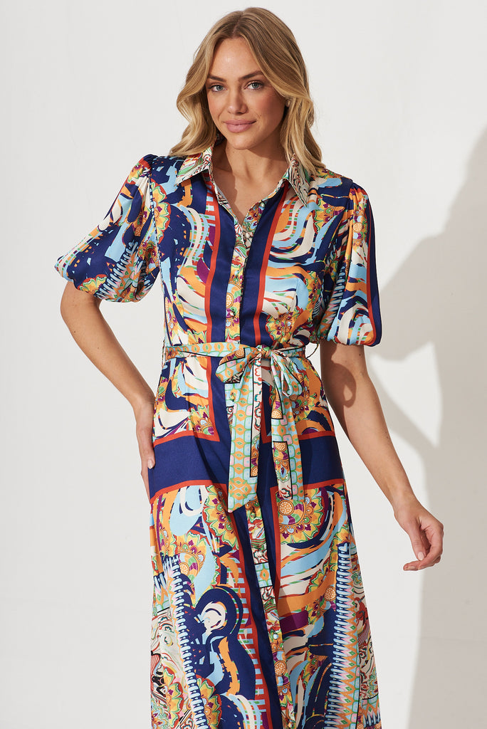 Gabriela Maxi Shirt Dress In Navy Multi Print Satin - front