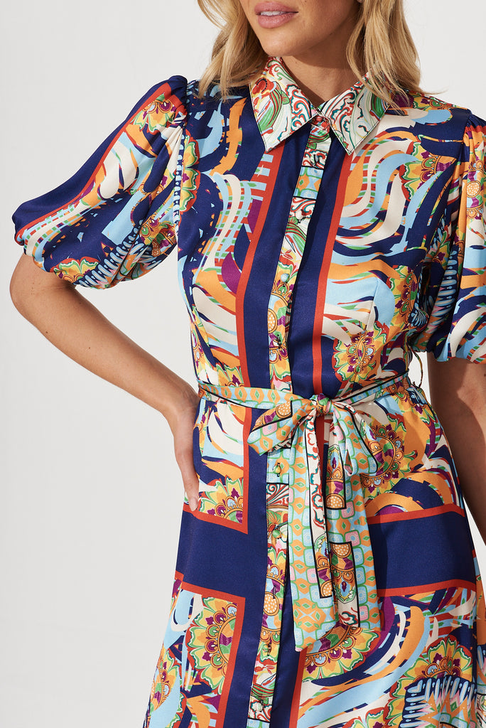 Gabriela Maxi Shirt Dress In Navy Multi Print Satin - detail