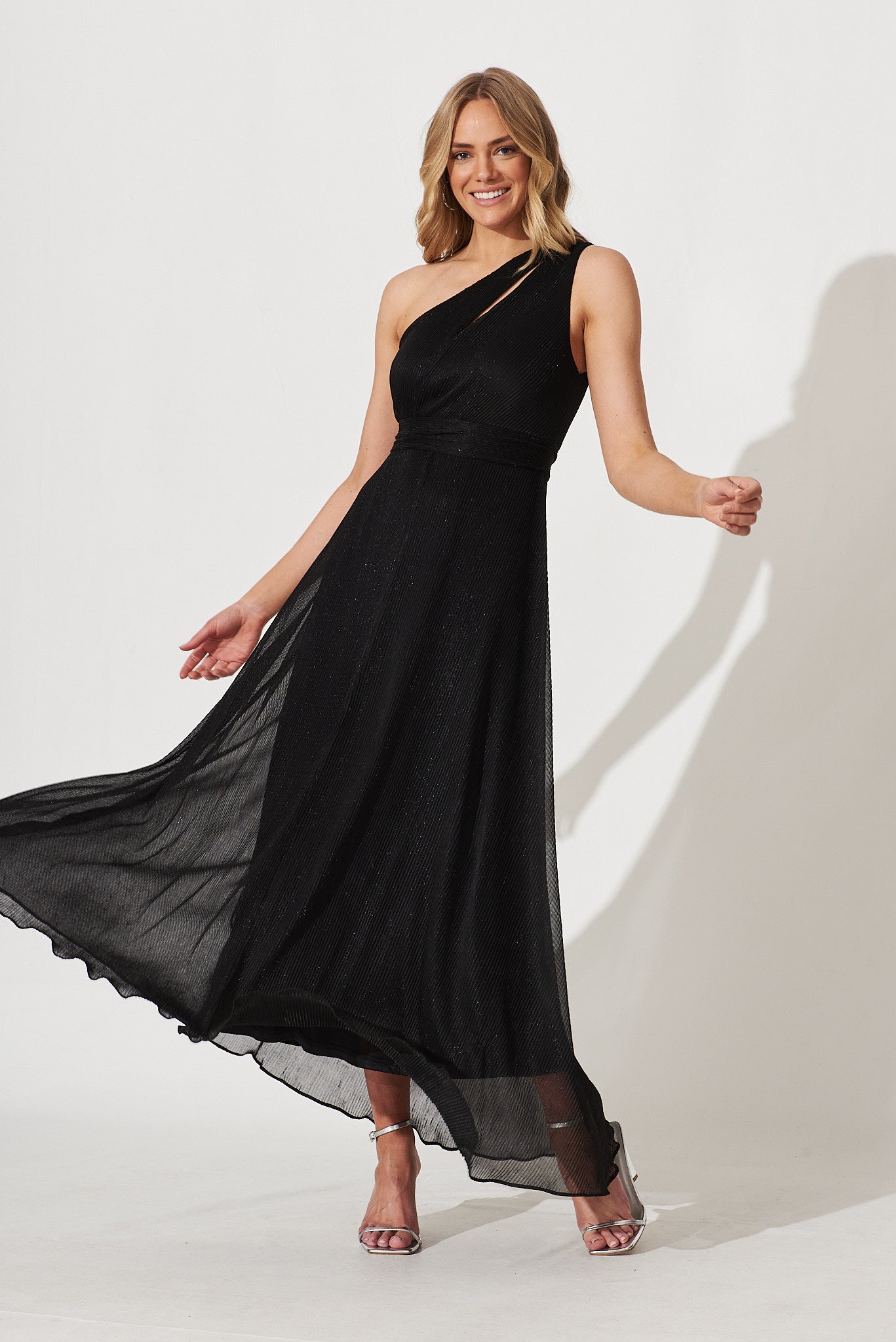 Dazzling One Shoulder Maxi Dress In Black Lurex - full length