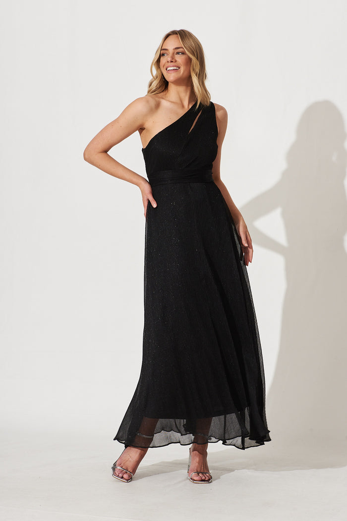 Dazzling One Shoulder Maxi Dress In Black Lurex - full length