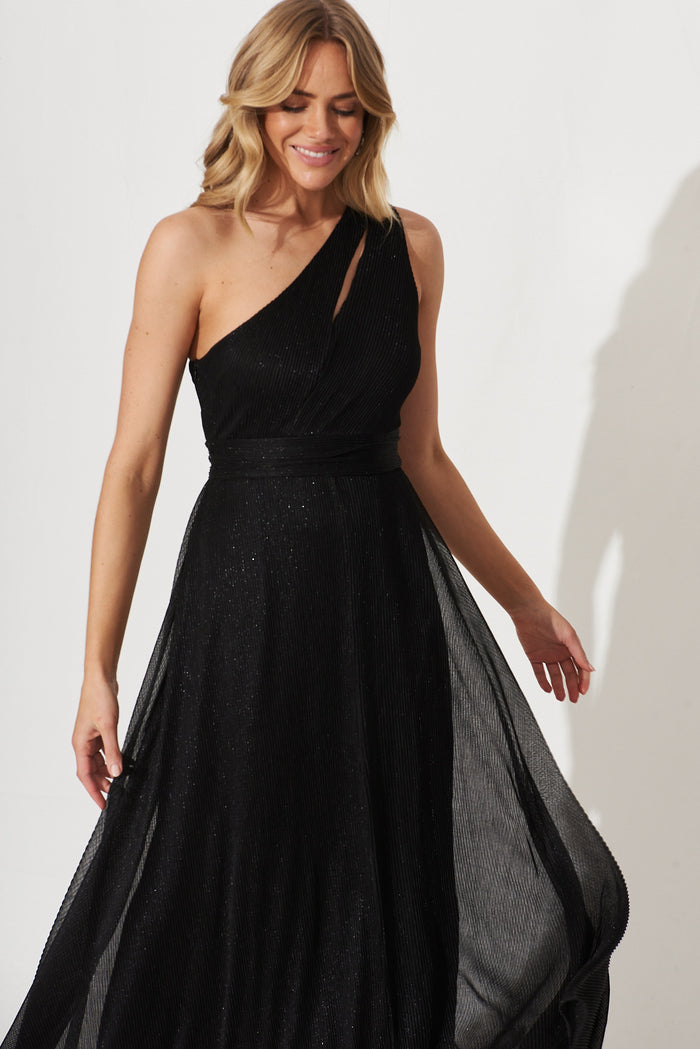 Dazzling One Shoulder Maxi Dress In Black Lurex - front