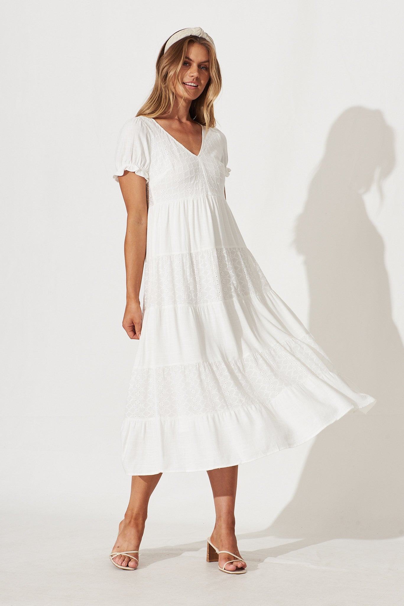 Baby Love Midi Dress In White Cotton Linen Broderie - full length