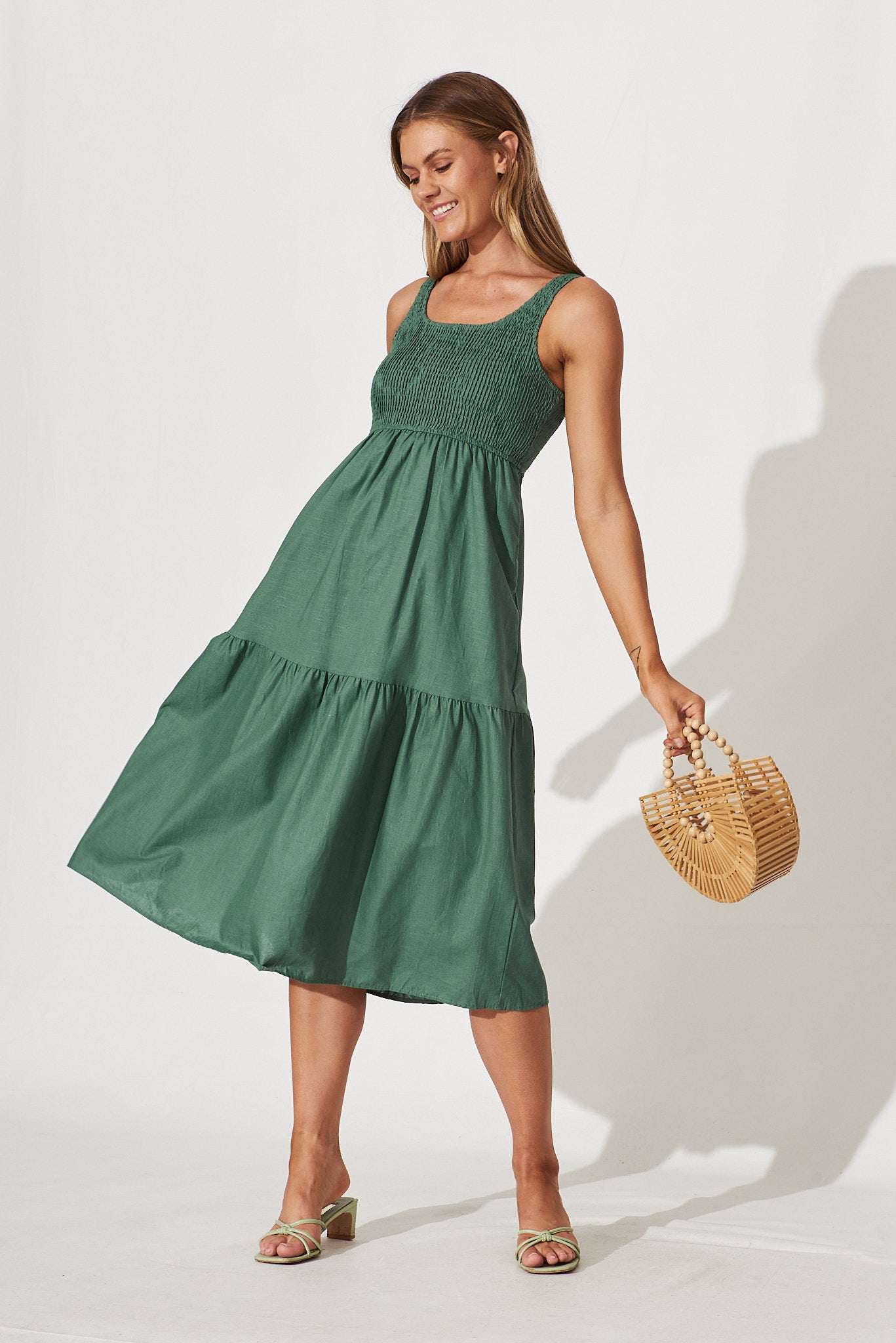 Caribbean Midi Dress In Green Cotton Linen - full length