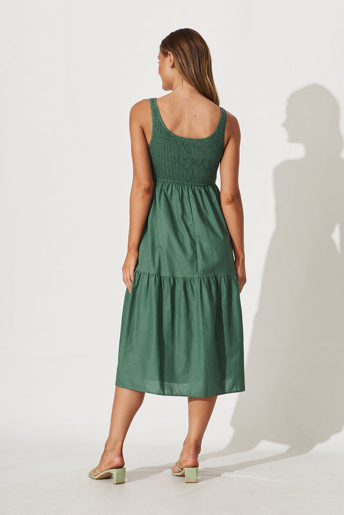 Caribbean Midi Dress In Green Cotton Linen - back