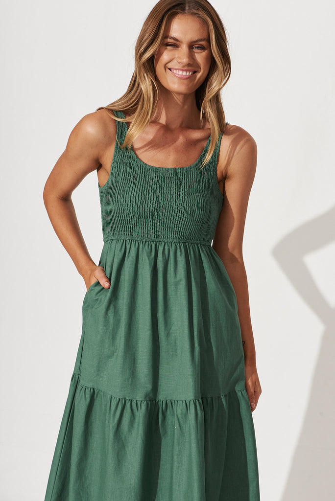 Caribbean Midi Dress In Green Cotton Linen - front