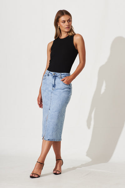 Deja Vu Midi Stretch Denim Skirt In Light Blue Wash – St Frock