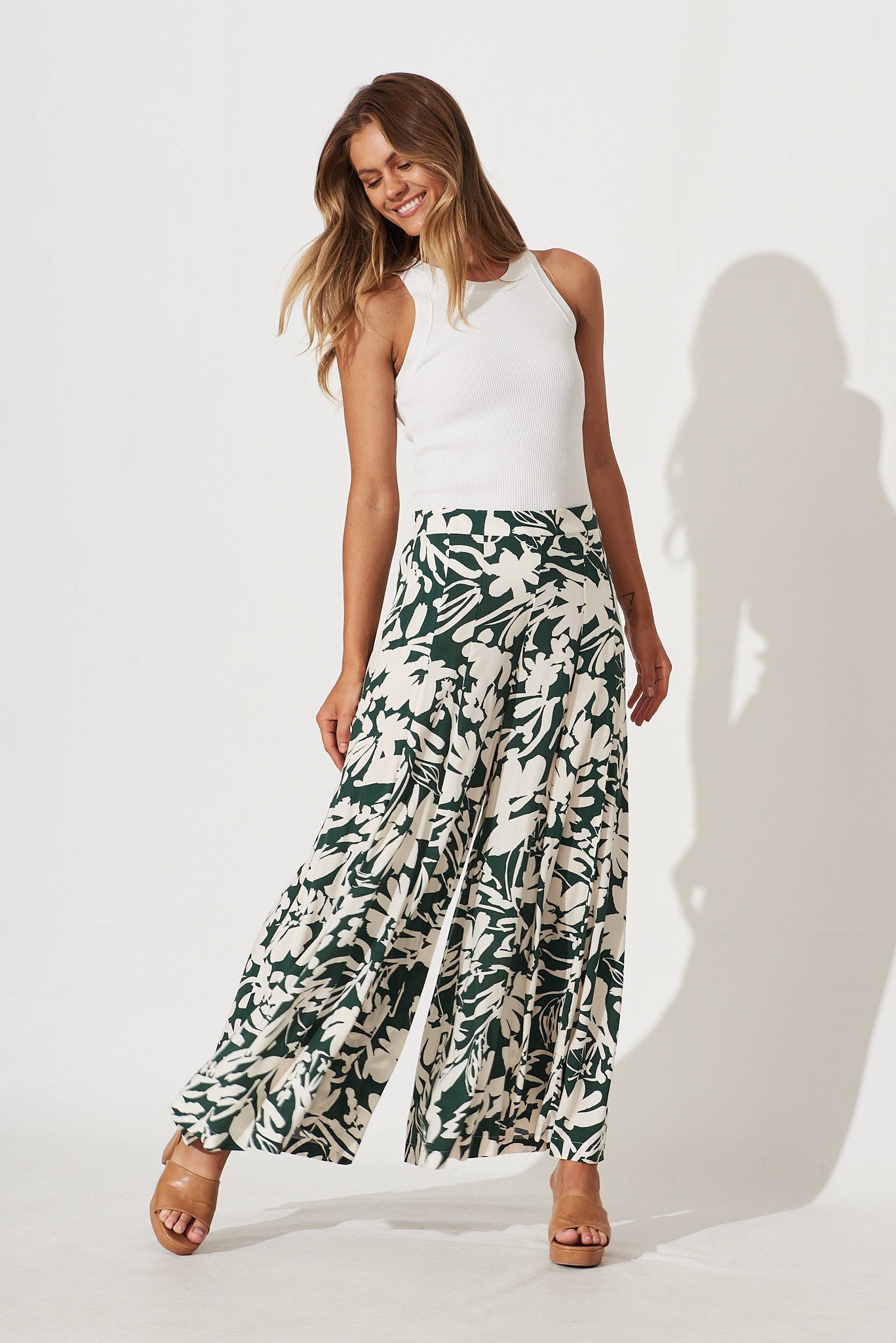 Effenty Pants In Cream With Green Print - full length