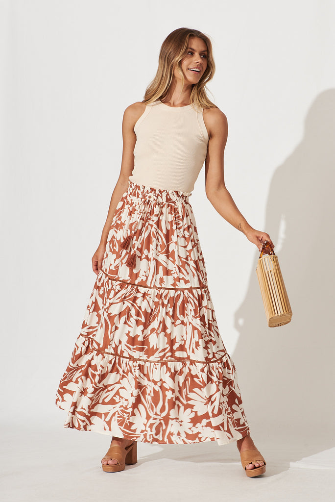 Freedom Maxi Skirt In Brown With Cream Floral - full length