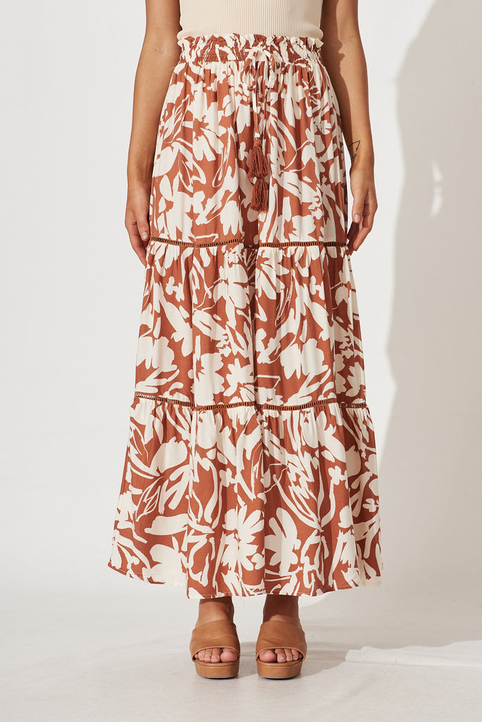 Freedom Maxi Skirt In Brown With Cream Floral - front