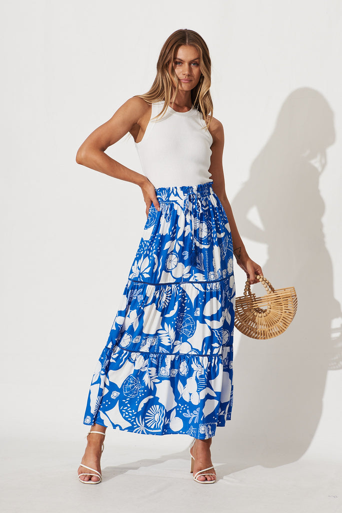 Freedom Maxi Skirt In Cobalt Blue With White Print - full length