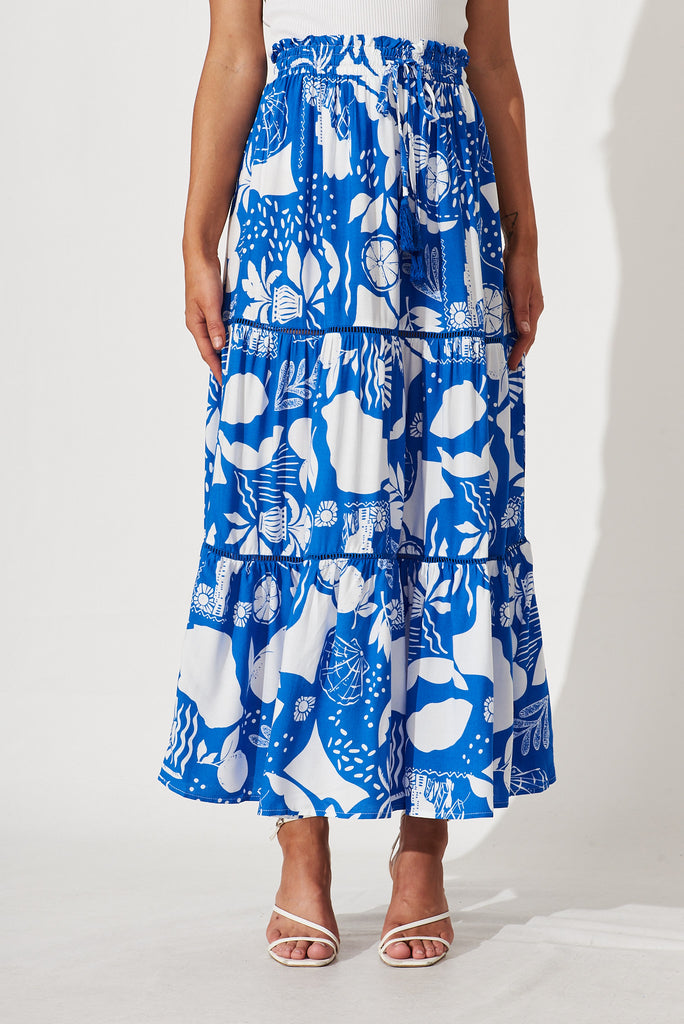 Freedom Maxi Skirt In Cobalt Blue With White Print - front