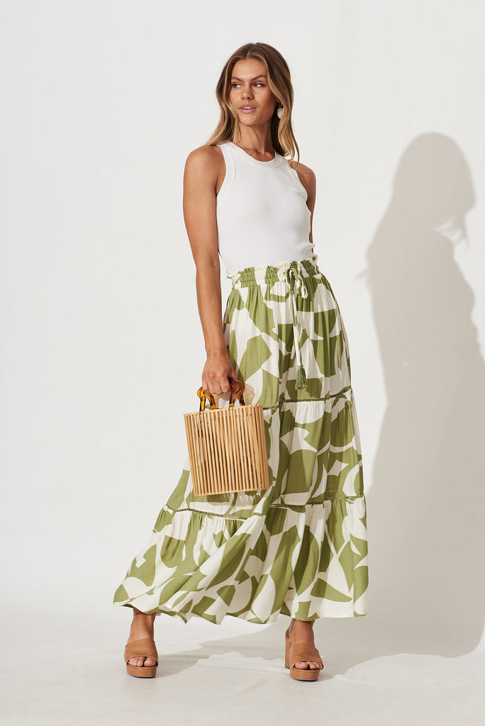 Freedom Maxi Skirt In Olive And Cream Geometric Print - full length