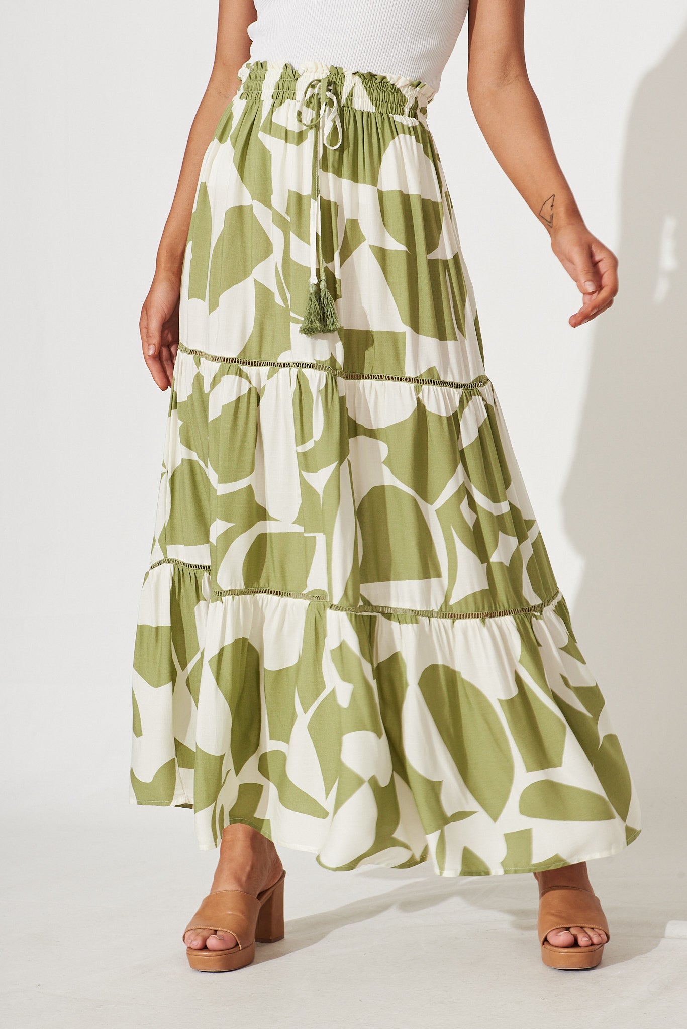 Freedom Maxi Skirt In Olive And Cream Geometric Print - front