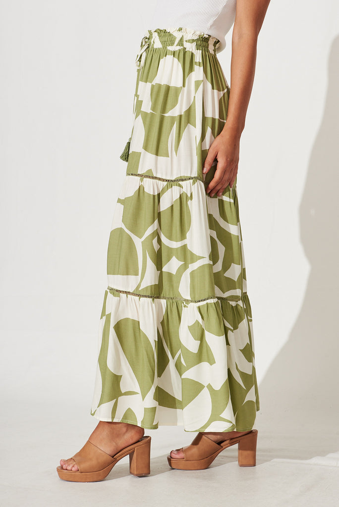 Freedom Maxi Skirt In Olive And Cream Geometric Print - side