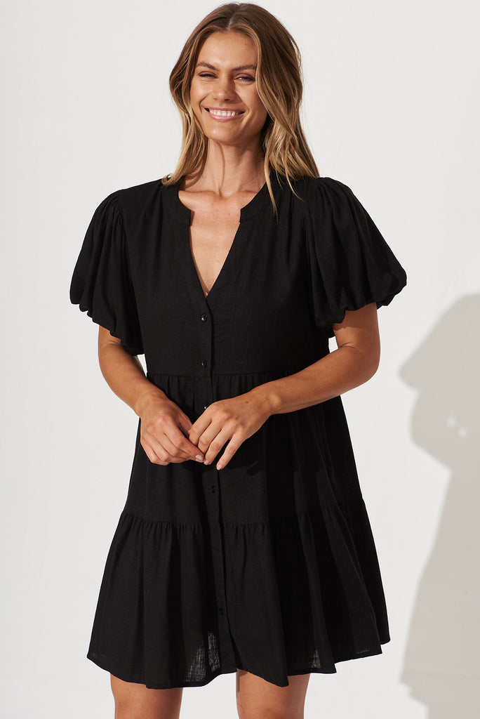 Nadine Smock Dress In Black Linen Blend - front